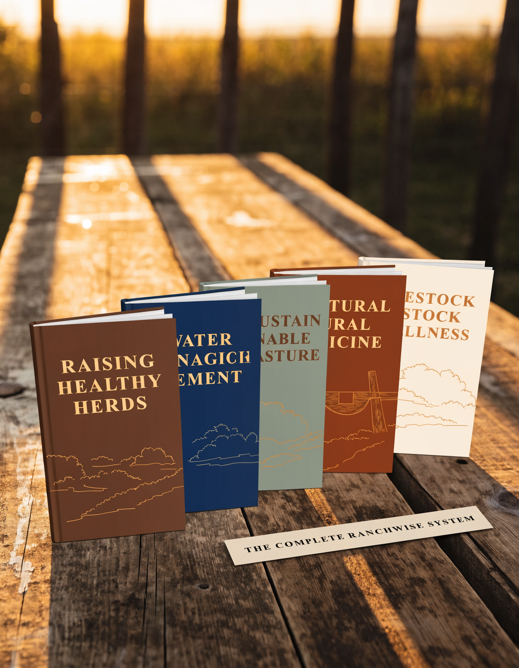 All five RanchWise guidebooks fanned out on a wooden ranch table