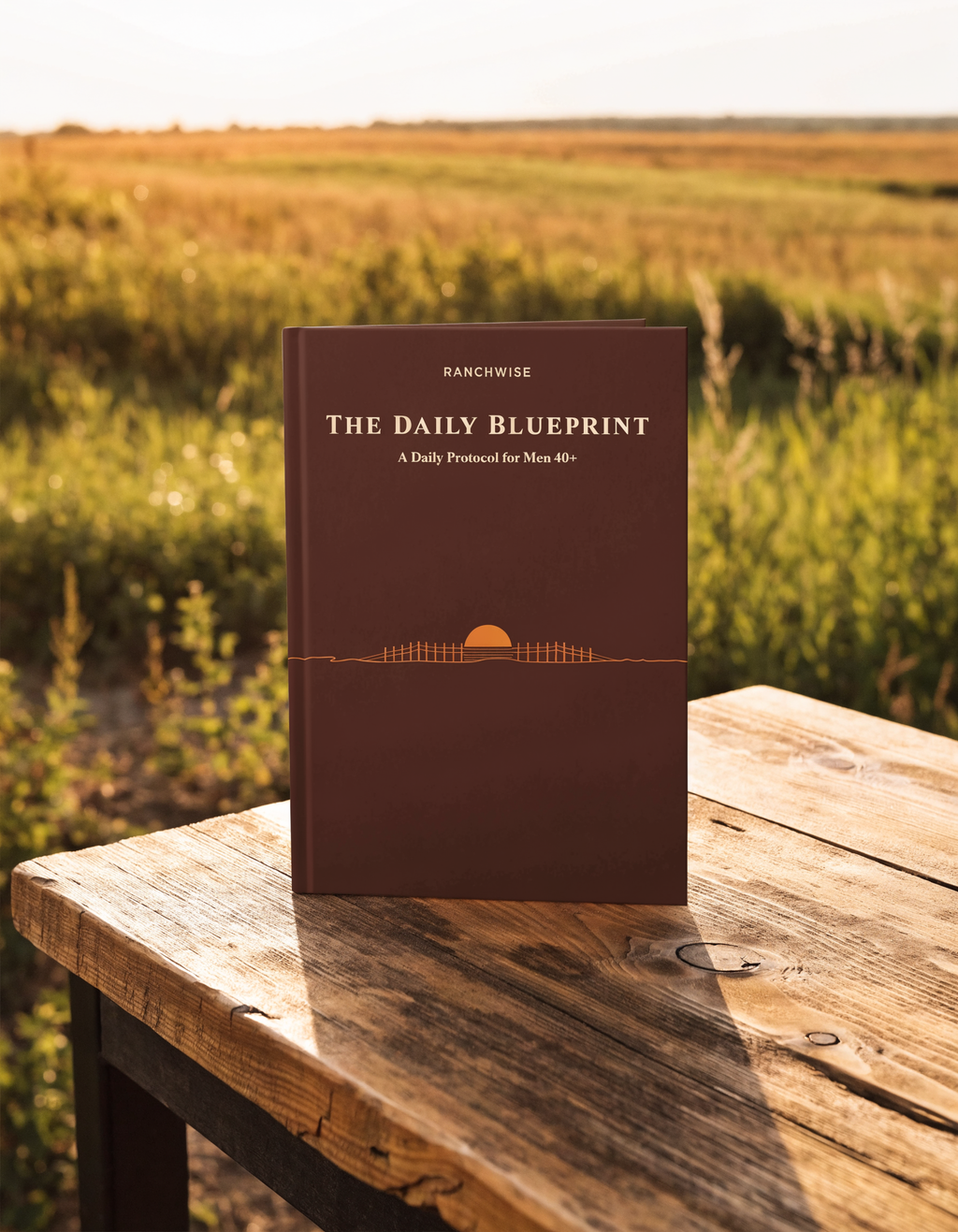 The Daily Blueprint guidebook by RanchWise on a wooden ranch table at golden hour