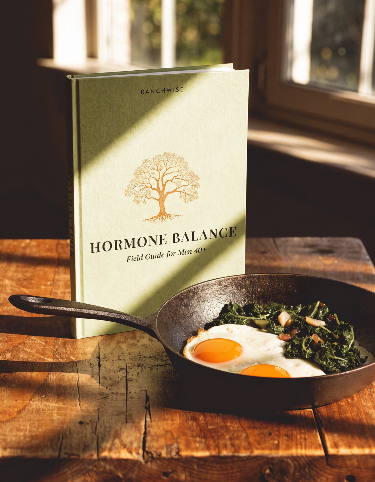 Hormone Balance field guide by RanchWise next to a cast-iron breakfast