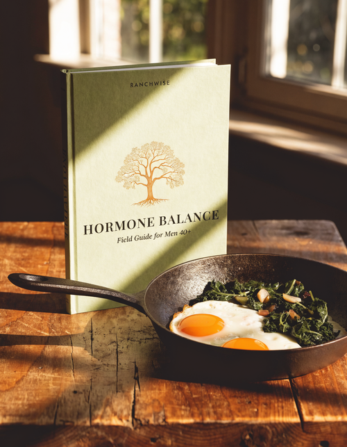 Hormone Balance field guide by RanchWise next to a cast-iron breakfast