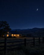 Ranch farmhouse under a starry night sky with a crescent moon