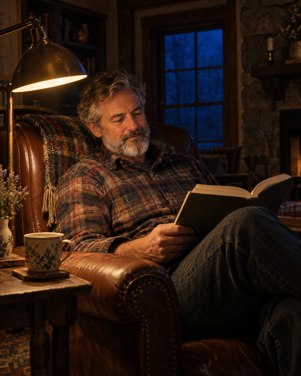 Man reading a book under a warm lamp during his evening wind-down