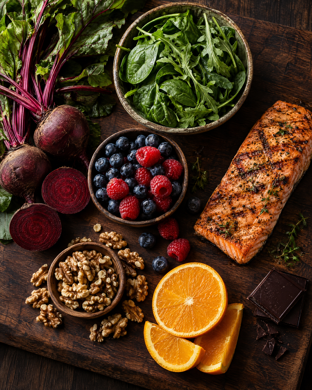 Beets, leafy greens, berries, walnuts and salmon on a cutting board