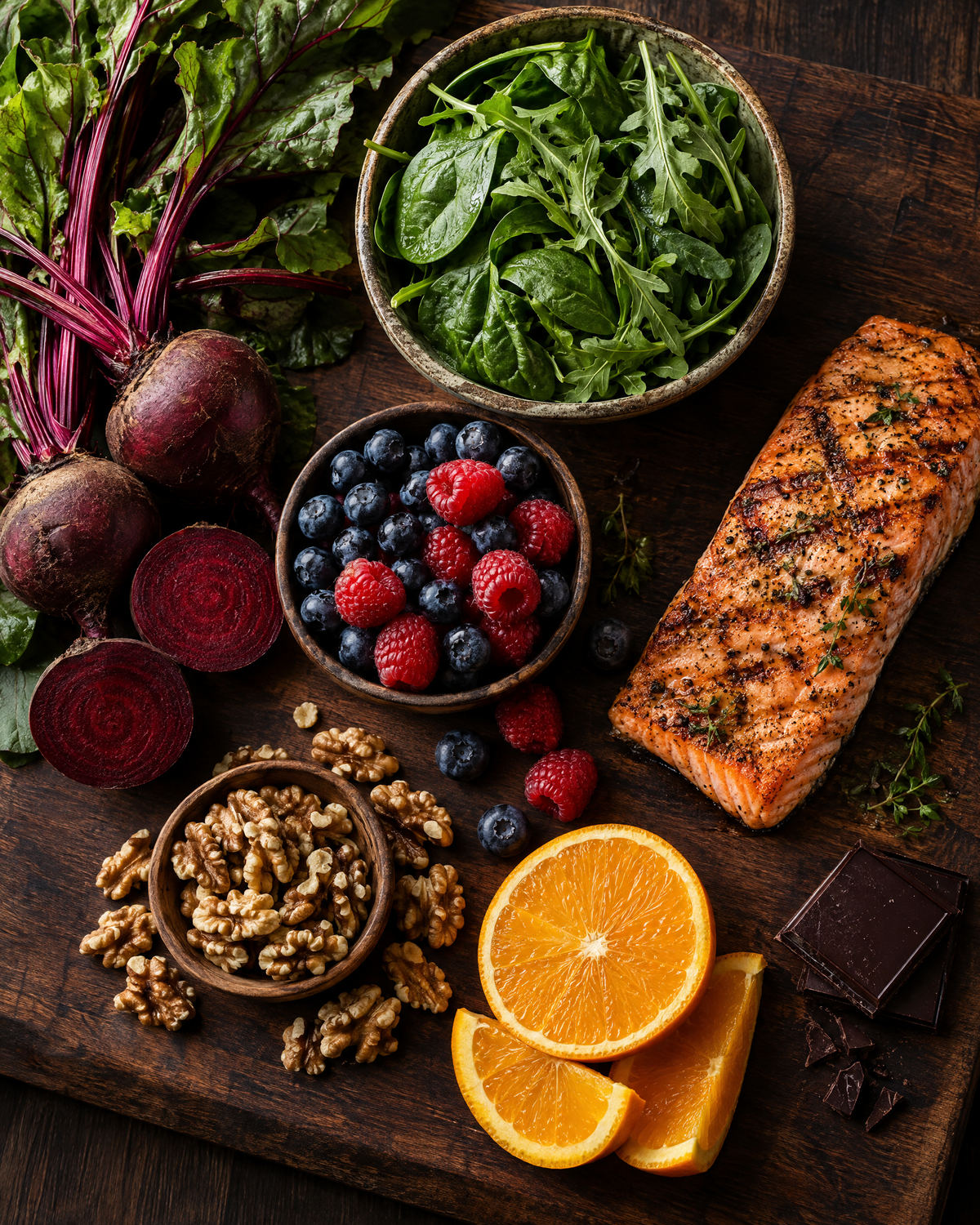 Beets, leafy greens, berries, walnuts and salmon on a cutting board