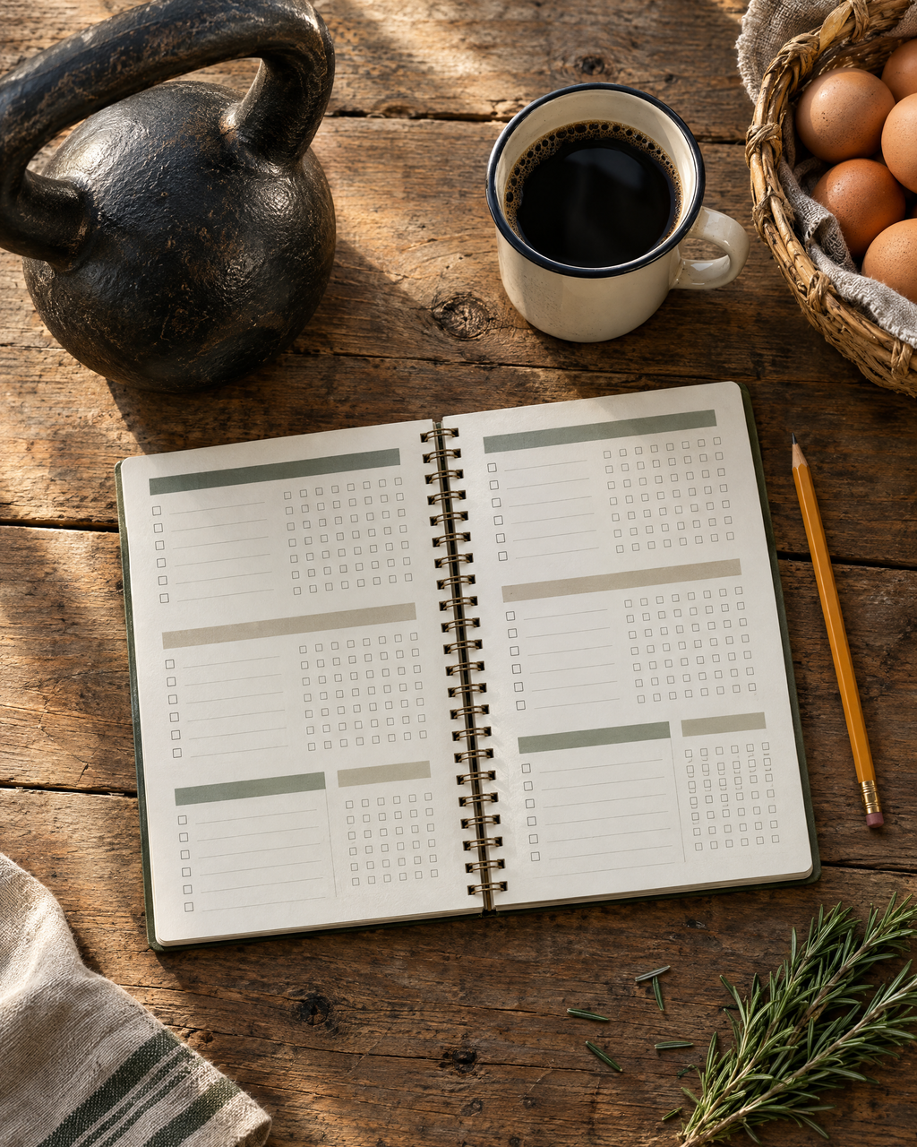 Daily planner, kettlebell, coffee and eggs on a wooden ranch table
