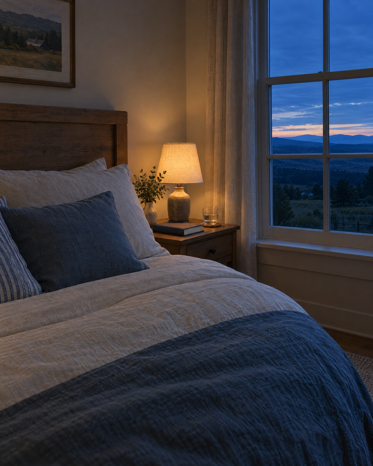 Calm farmhouse bedroom at dusk with a warm bedside lamp