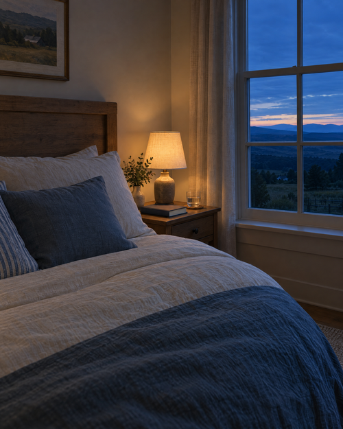 Calm farmhouse bedroom at dusk with a warm bedside lamp
