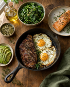 Steak, eggs, salmon, greens and avocado on a rustic table
