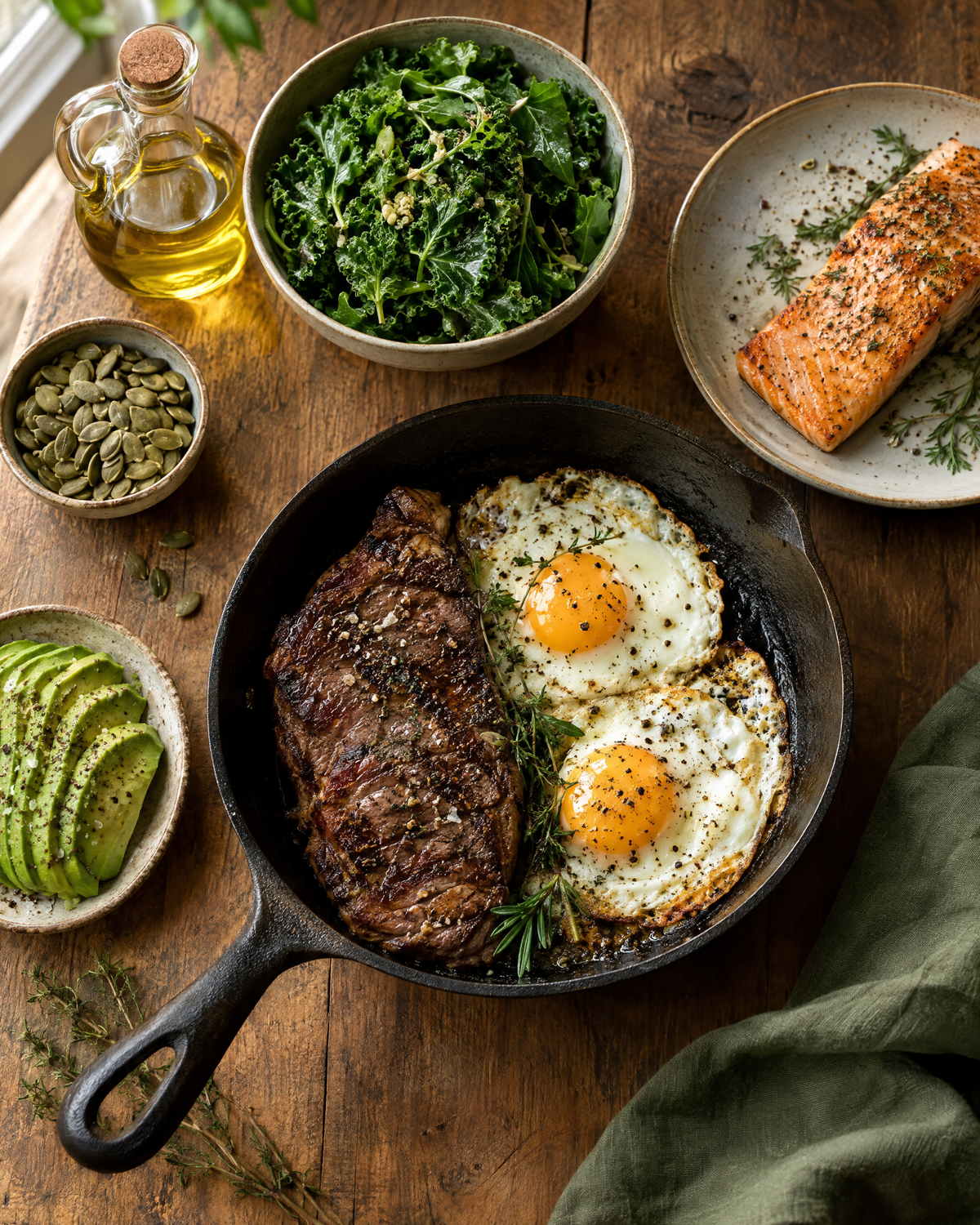 Steak, eggs, salmon, greens and avocado on a rustic table