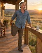 Man stretching on a ranch house porch at sunrise with a cup of coffee