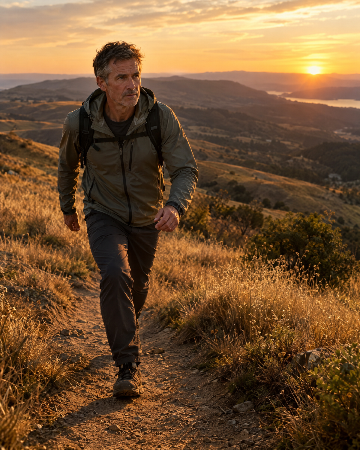 Man brisk-walking uphill on a grassland trail at sunset