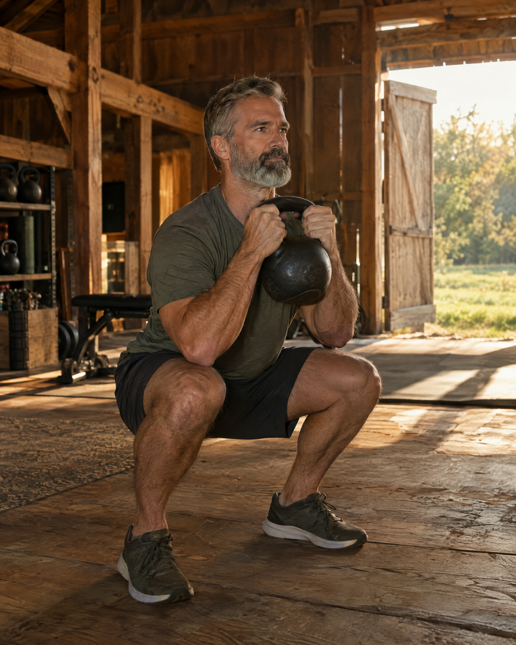 Man doing a kettlebell goblet squat in a rustic barn gym