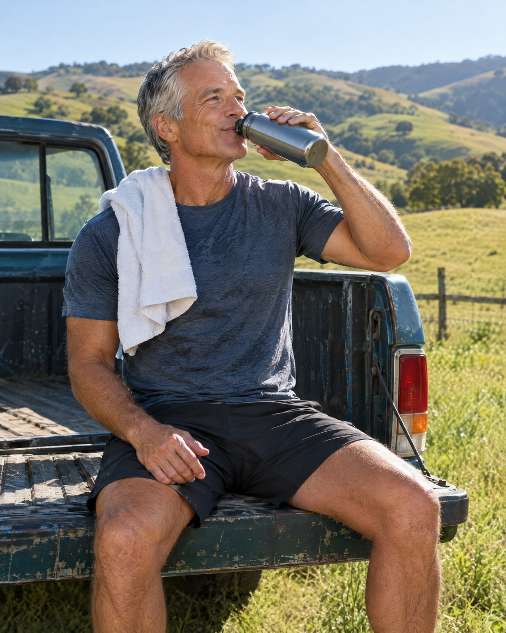 Man resting on a pickup tailgate in morning sun after a workout