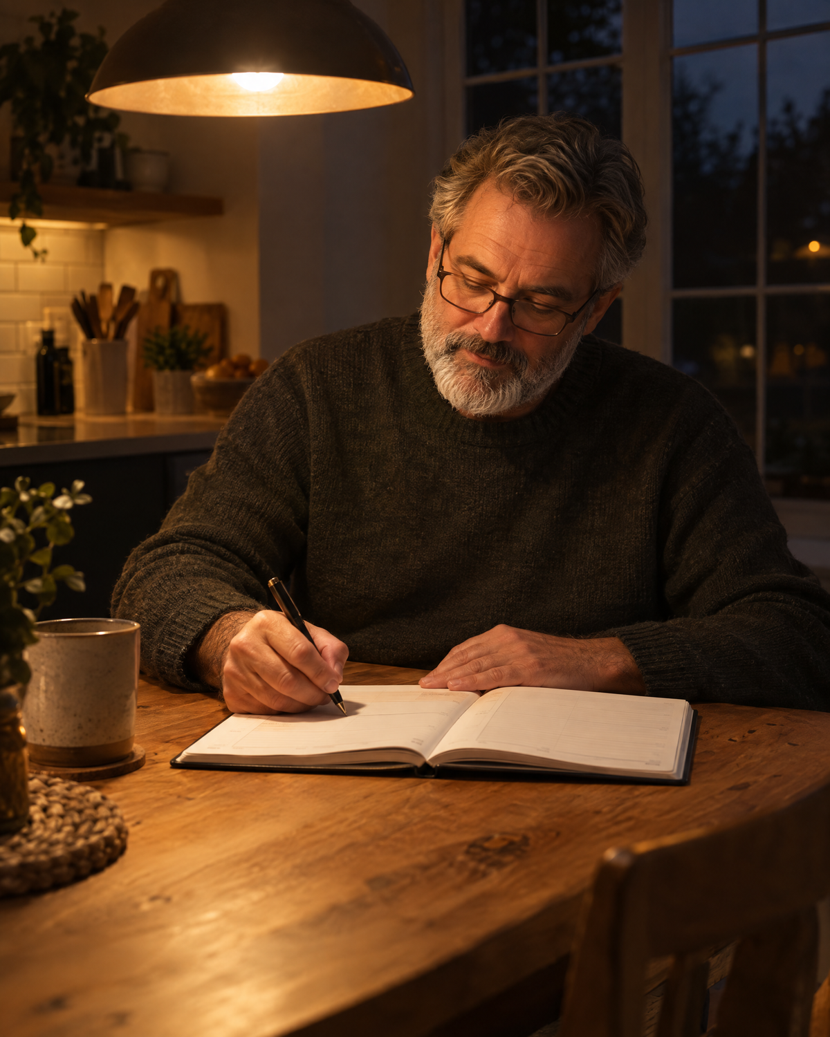 Man filling in his daily tracker at the kitchen table in the evening