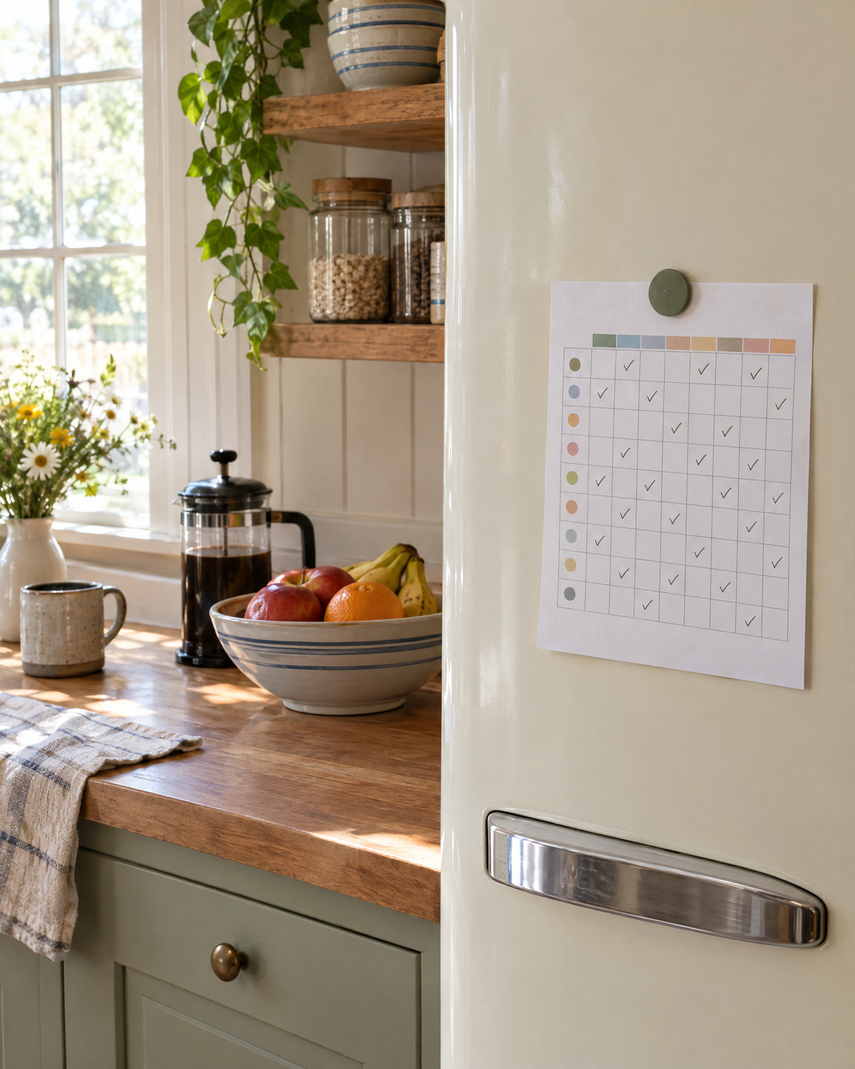 Printed weekly habit tracker on a farmhouse refrigerator