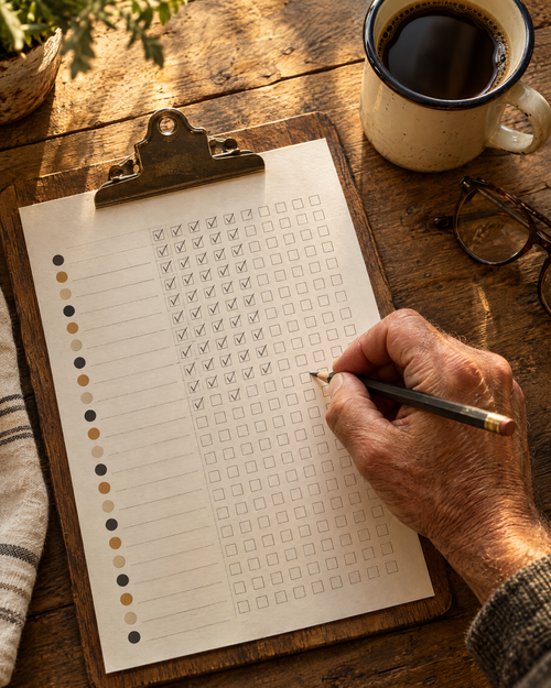 Hand checking boxes on a printed habit tracker on a clipboard