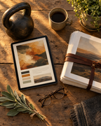 Tablet, printed guides, kettlebell and coffee on a ranch table at golden hour