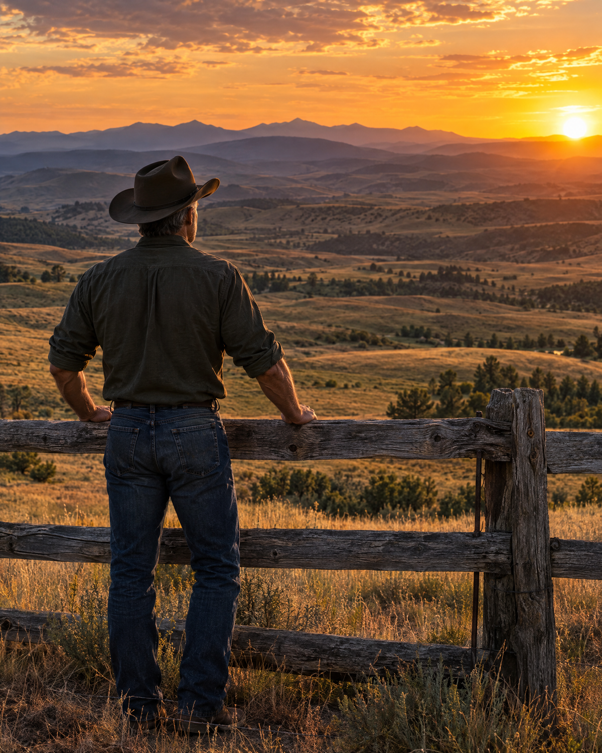 Man at a ranch fence overlooking golden hills at sunset
