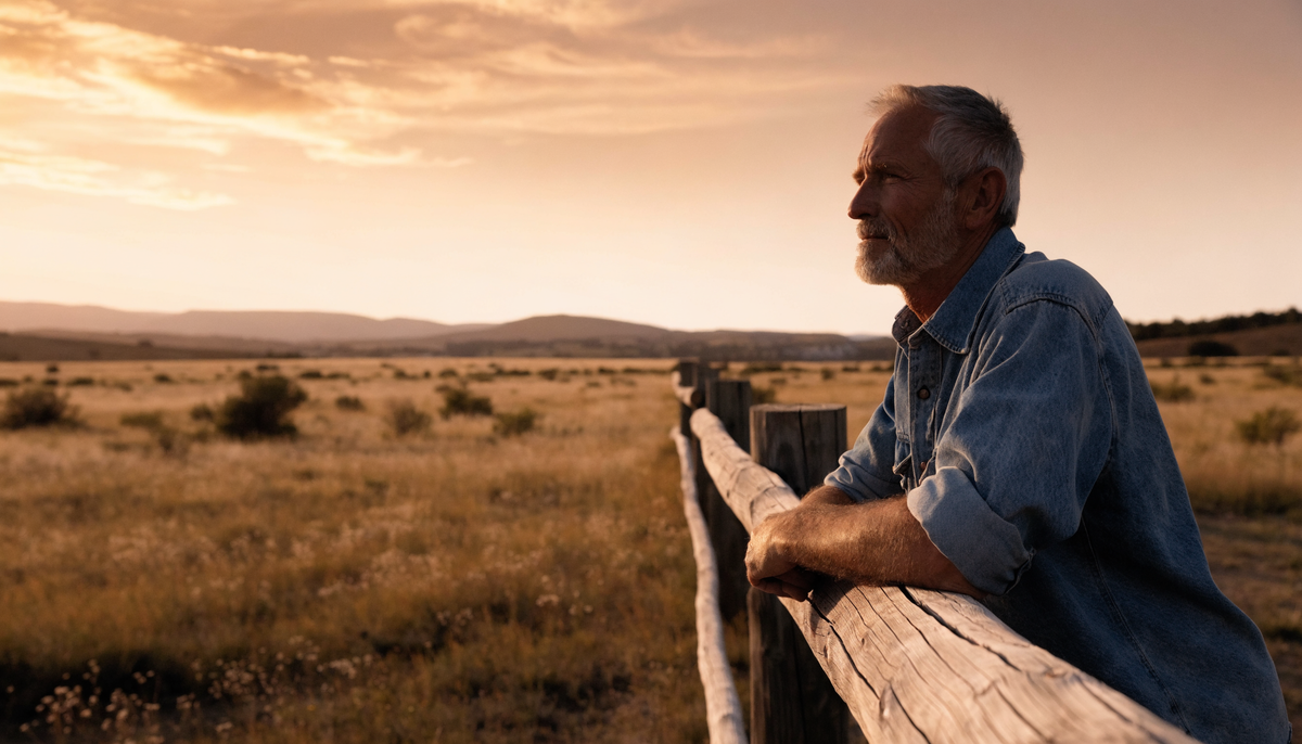 A man resting on a ranch fence at golden hour
