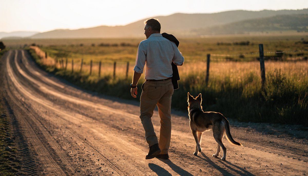 A man walking a ranch road at sunrise with his dog